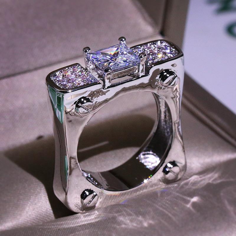 Square S925 Sterling Silver color Natural White Zircon with Diamond Style Ring for Men Fine Jewelry Square Shape Zircon Rings Rongoworks