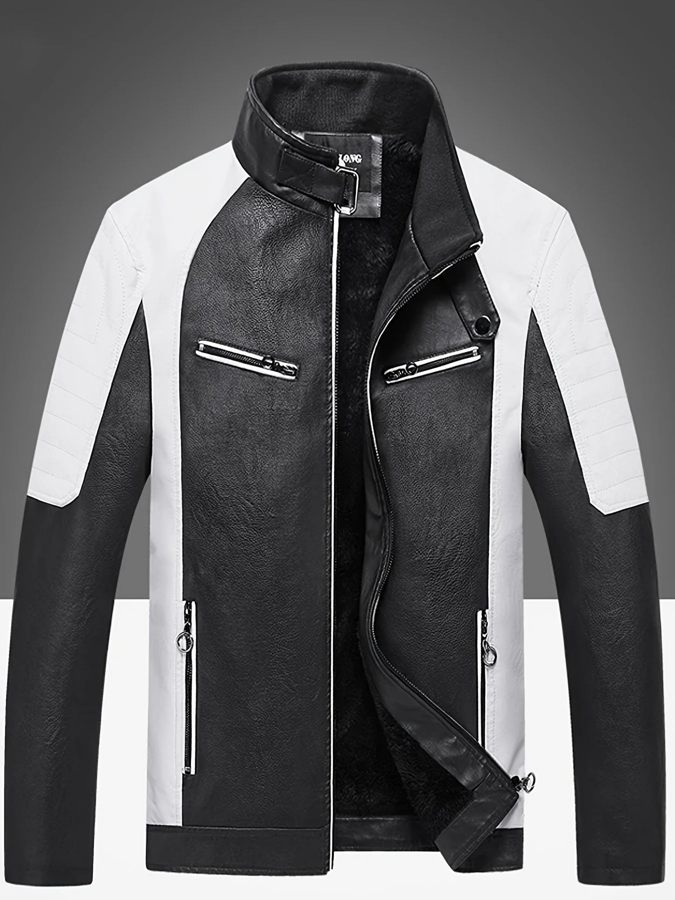 Men's Winter Fleece Warm PU Leather Jacket, Casual Patchwork Slim Bomber Jacket, Motorcycle Jacket Rongoworks