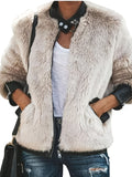 Women Faux Fur Jacket, Winter Warm Long Sleeve Stand Collar Leather Patchwork Coat Outwear Rongoworks